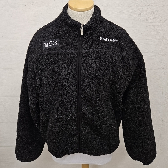 Playboy Double Header Embroidered Sherpa Jacket in Black Size Large - Picture 5 of 13